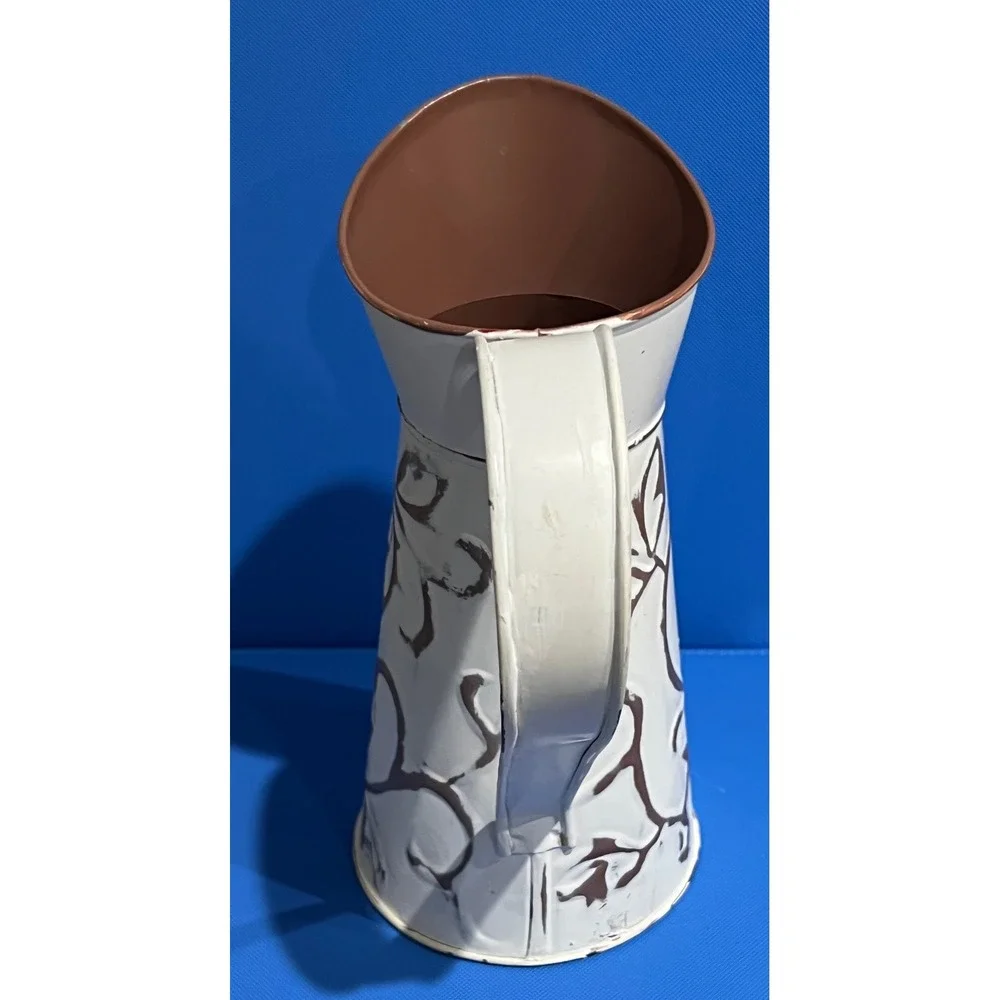 Hosley White Wash Metal Decorative Pitcher Farmhouse Embossed Scroll Vase
